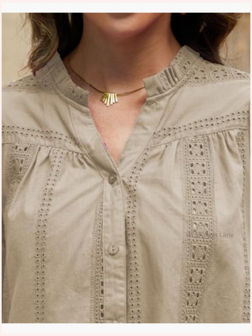 Bohemian Button-Down Blouse with Crochet Trim Long Sleeve Dressy Casual Work Top - Picture 4 of 5